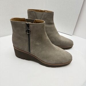 Vionic Ankle Boots Women 11M Hazal Taupe Suede Water Repellent Wedge Zip Booties